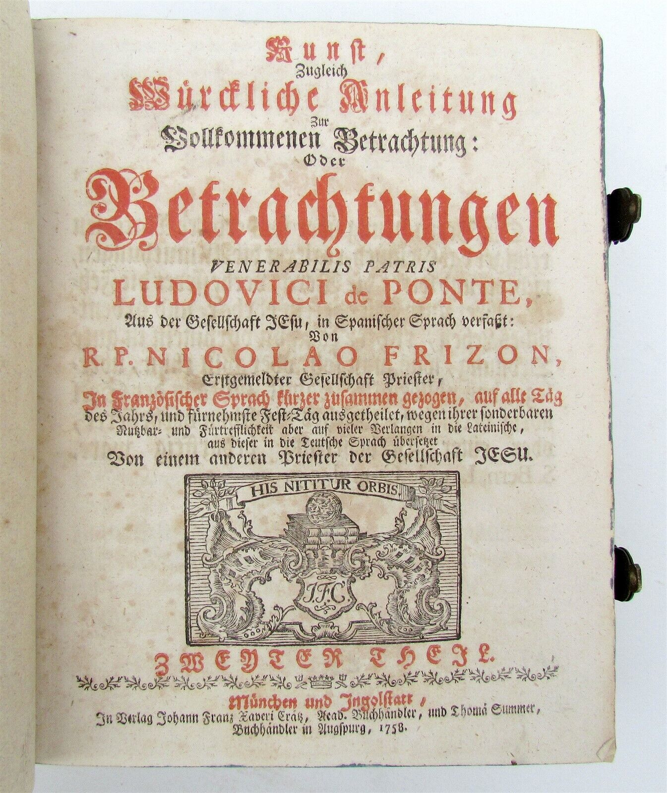 1758 SPANISH JESUIT LUDOVICI DE PONTE antique GERMAN BLINDSTAMPED PIGSKIN CLASPS