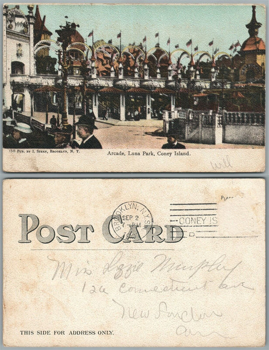 BROOKLYN N.Y. CONEY ISLAND LUNA PARK ARCADE 1907 UNDIVIDED ANTIQUE POSTCARD