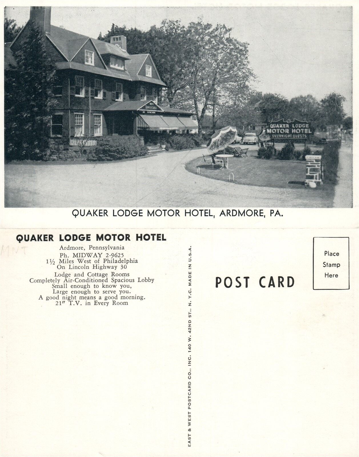 ARDMORE PA QUAKER LODGE MOTOR HOTEL VINTAGE POSTCARD