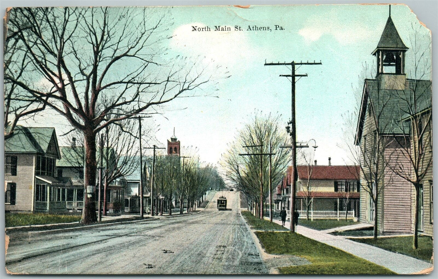 ATHENS PA NORTH MAIN STREET 1910 ANTIQUE POSTCARD w/ CORK CANCEL
