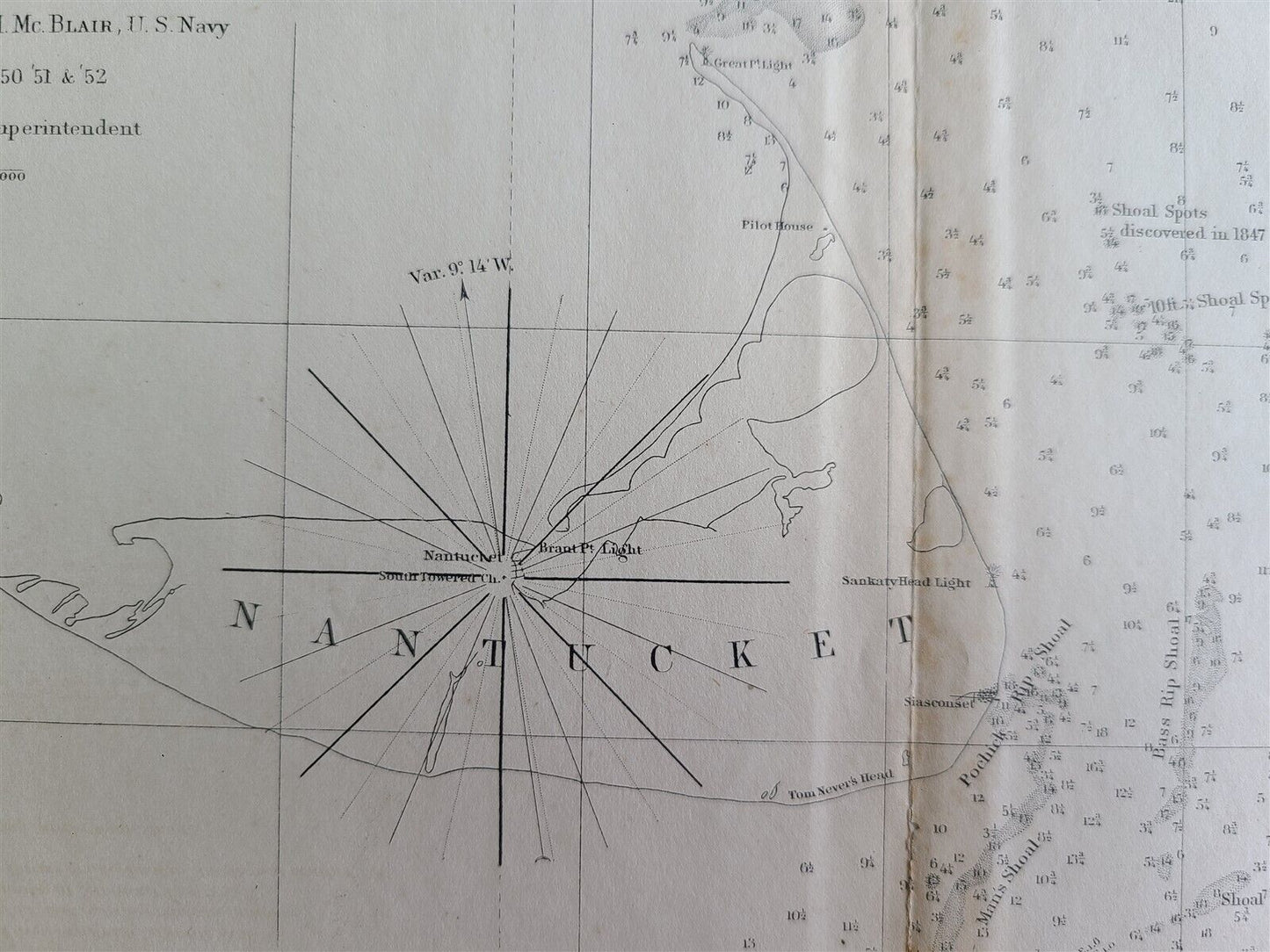 1852 CHART SHOWING POSITIONS of DAVIS'S SOUTH SHOAL & OTHER DANGERS antique