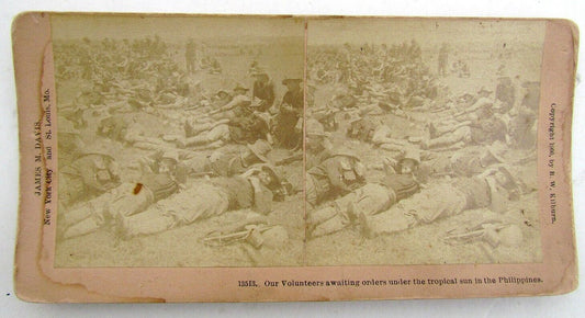 VOLUNTEERS AWAITING ORDERS IN PHILLIPIPNES ANTIQUE STEREVOIEW PHOTO