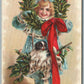 GIRL w/ LITTLE DOG CHRISTMAS NEW YEAR ANTIQUE POSTCARD