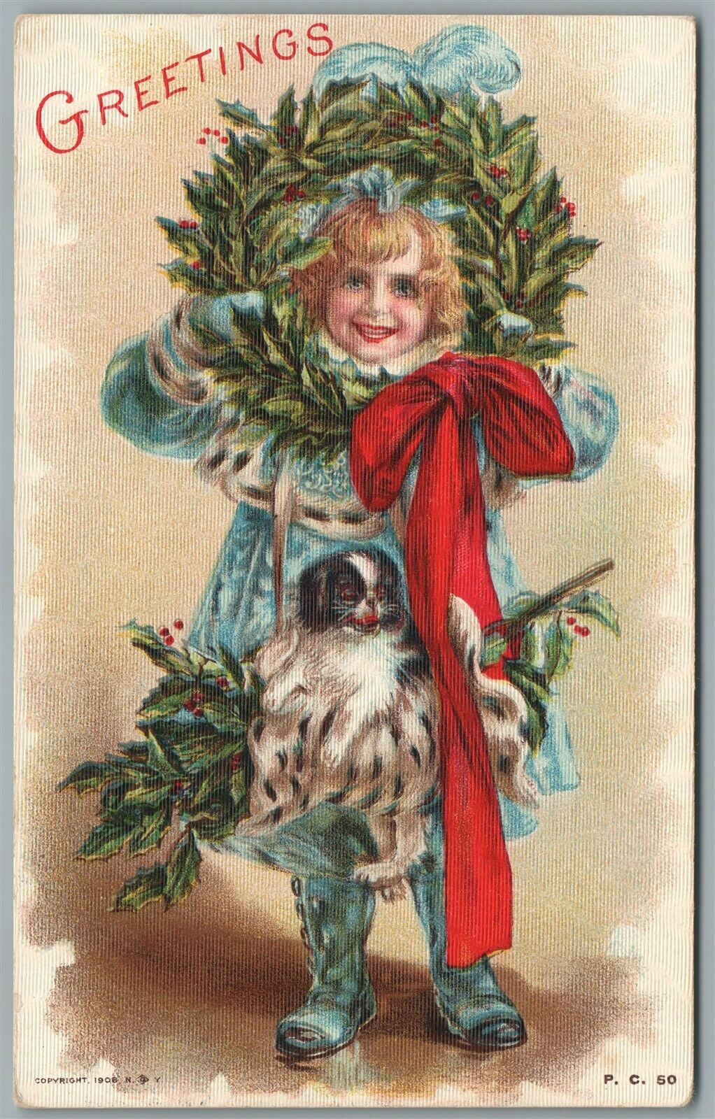 GIRL w/ LITTLE DOG CHRISTMAS NEW YEAR ANTIQUE POSTCARD