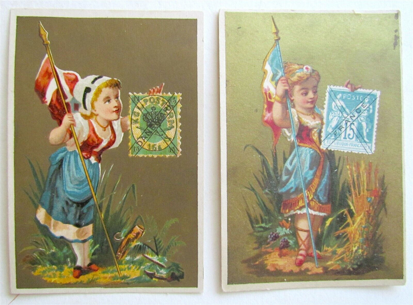 SET OF 2 ANTIQUE VICTORIAN TRADE CARDS w/ STAMPS