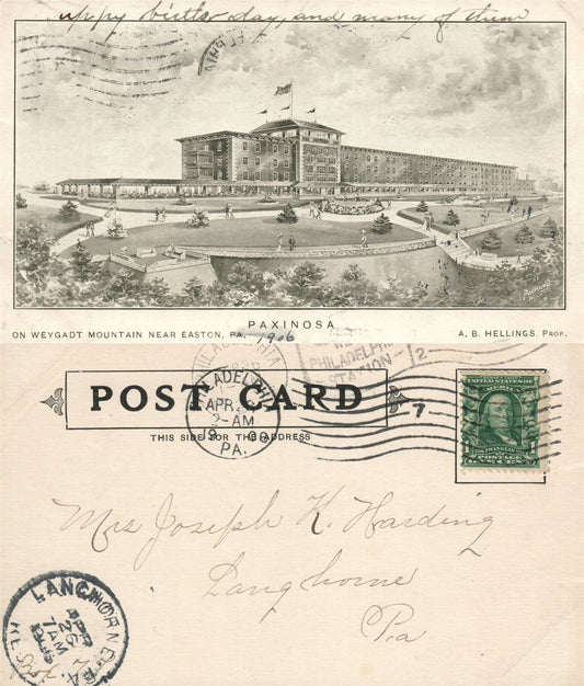 EASTON PA WEYGADT MOUNTAIN PAXINOSA HOTEL 1906 UNDIVIDED ANTIQUE POSTCARD