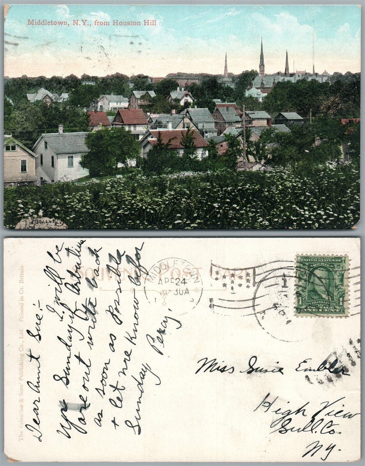MIDDLETOWN N.Y. FROM HOUSTON HILL 1908 ANTIQUE POSTCARD