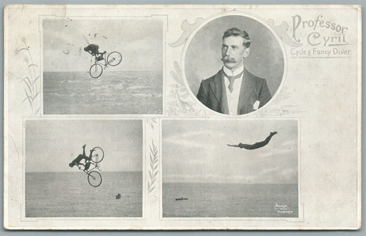 BICYCLE CIRCUS PROFESSOR CYRIL CYCLE & FANCY DIVER ANTIQUE POSTCARD