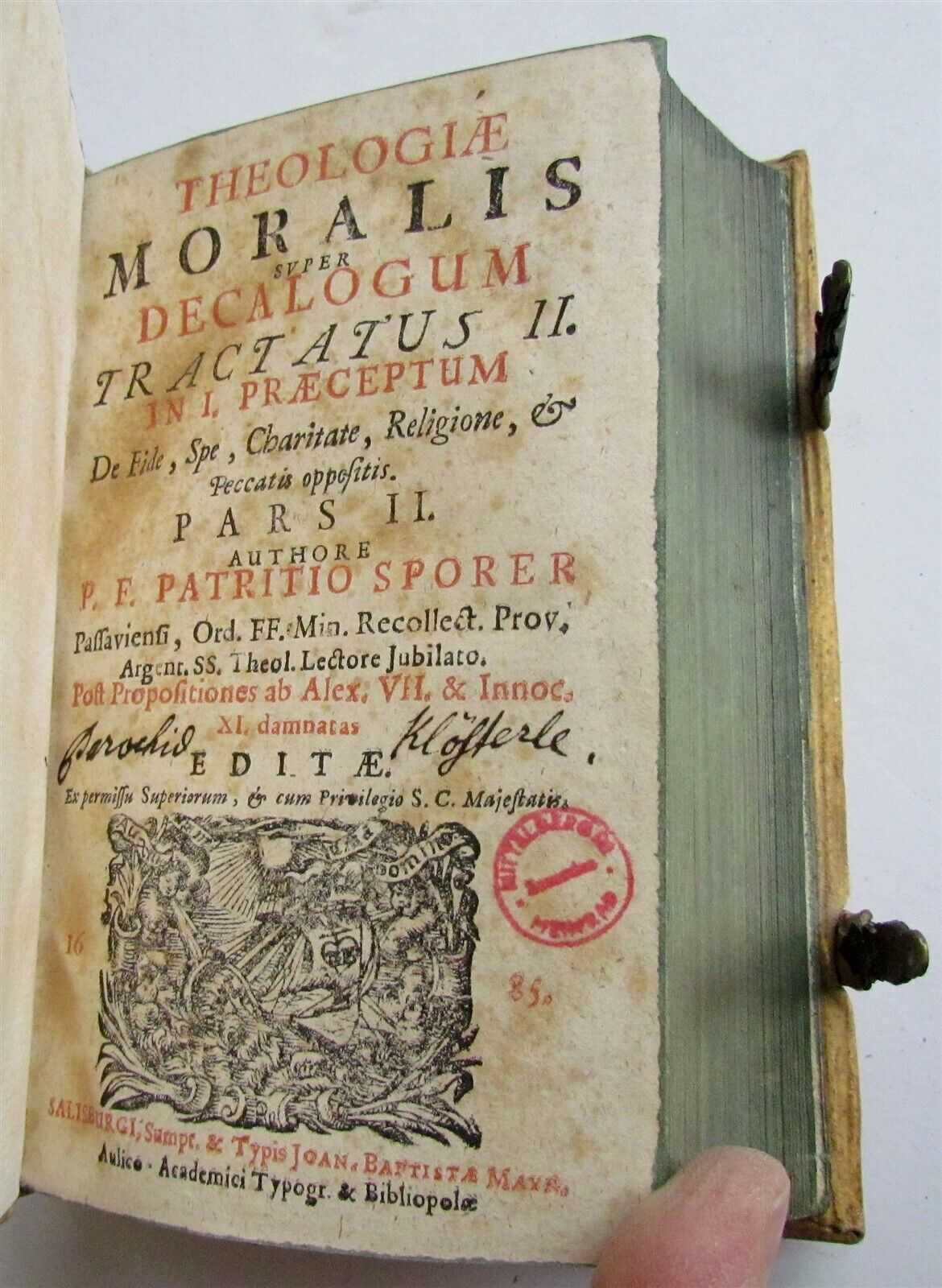 1685 Theologiae Moralis by SPORER antique BLINDSTAMPED PIGSKIN 17 CENTURY Vol II