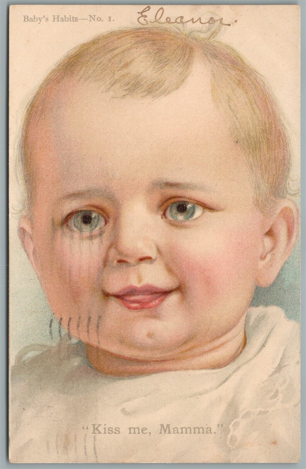 BABY HABITS No. 1 smiling KISS ME MAMA ANTIQUE POSTCARD