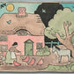 CHILDREN DRAWING ANTIQUE POSTCARD village scene w. chickens & horse