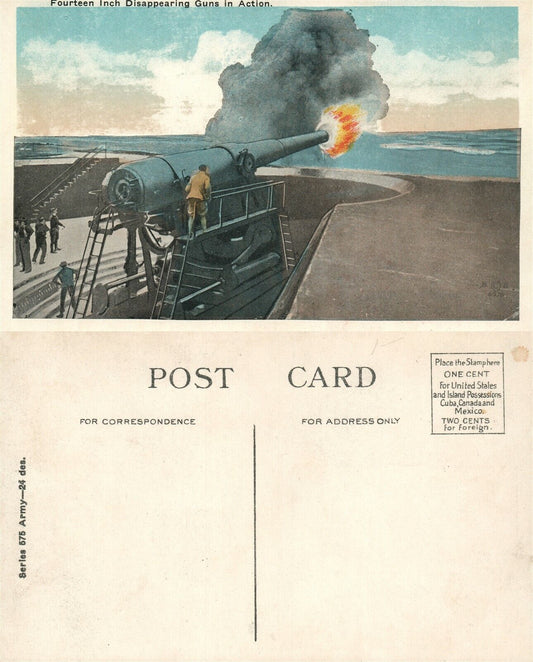 14 INCH DISAPPEARING GUNS IN ACTION WWI ANTIQUE POSTCARD
