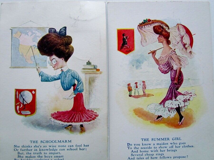 LOT OF 6  ANTIQUE UNDIVIDED COMIC POSTCARDS SINGER ARTIST SPORTSMAN SCHOOLMARM