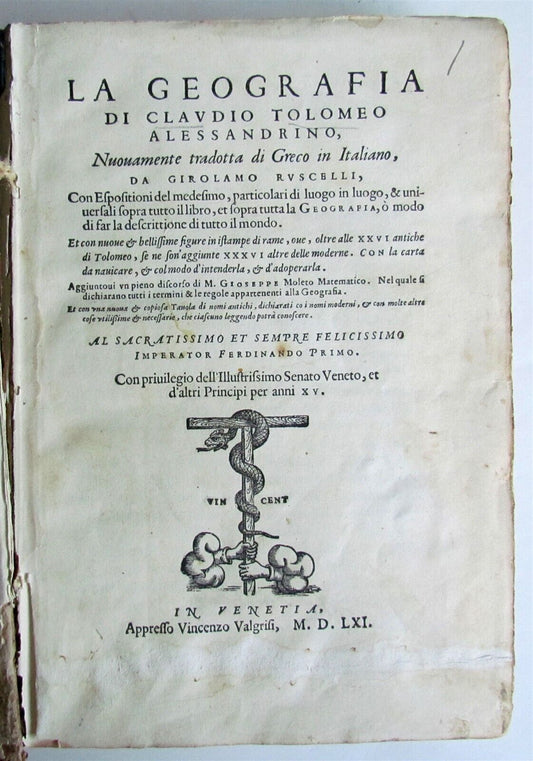 1561 LA GEOGRAFIA DI CLAUDIO TOLOMEO ALESSANDRINO by Girolamo Ruscelli ANTIQUE