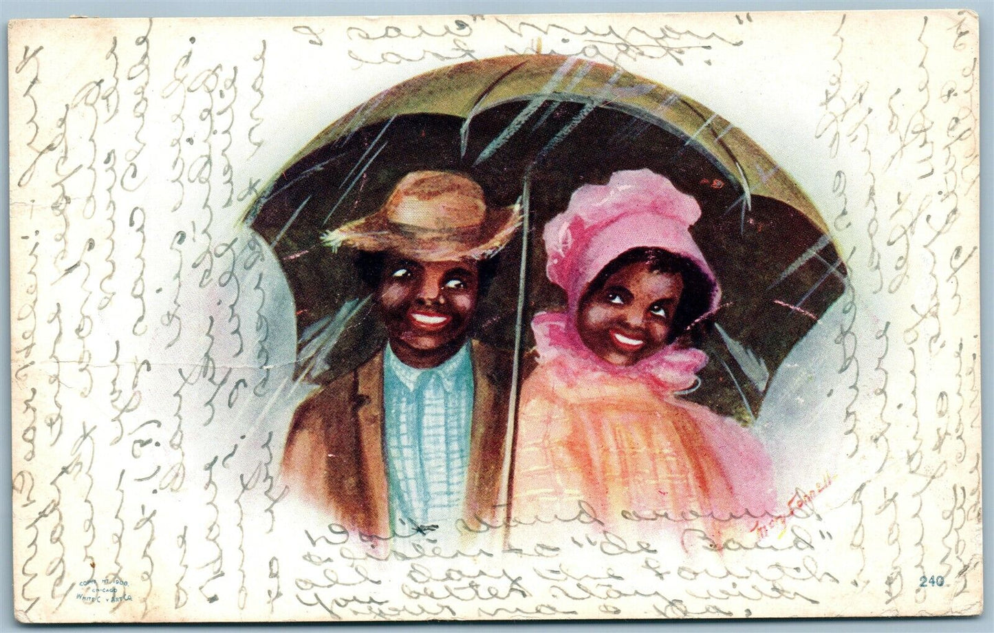 COUPLE UNDER UMBRELLA ANTIQUE POSTCARD