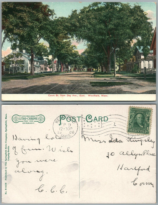 WESTFIELD MA COURT STREET 1908 ANTIQUE POSTCARD