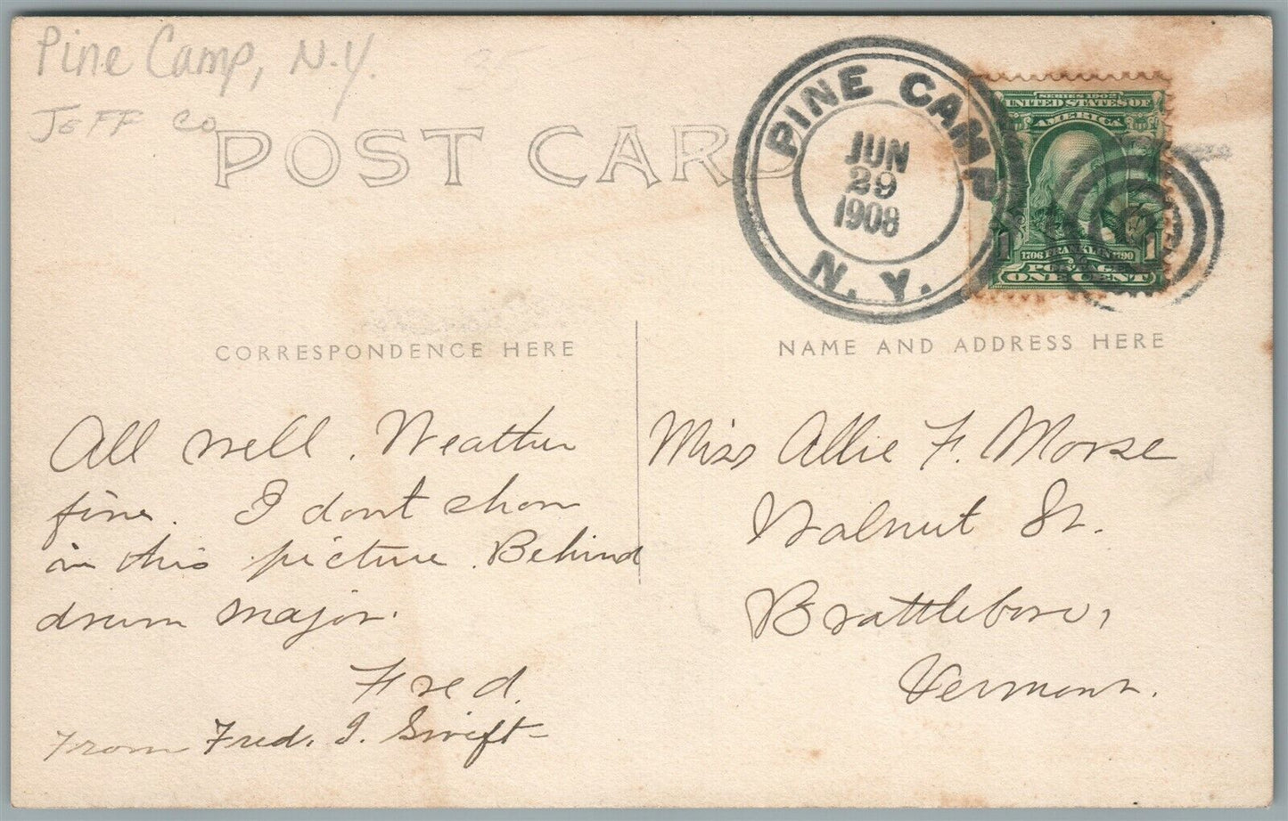 PINE CAMP NY 1908 MILITARY MUSIC BAND ANTIQUE REAL PHOTO POSTCARD RPPC