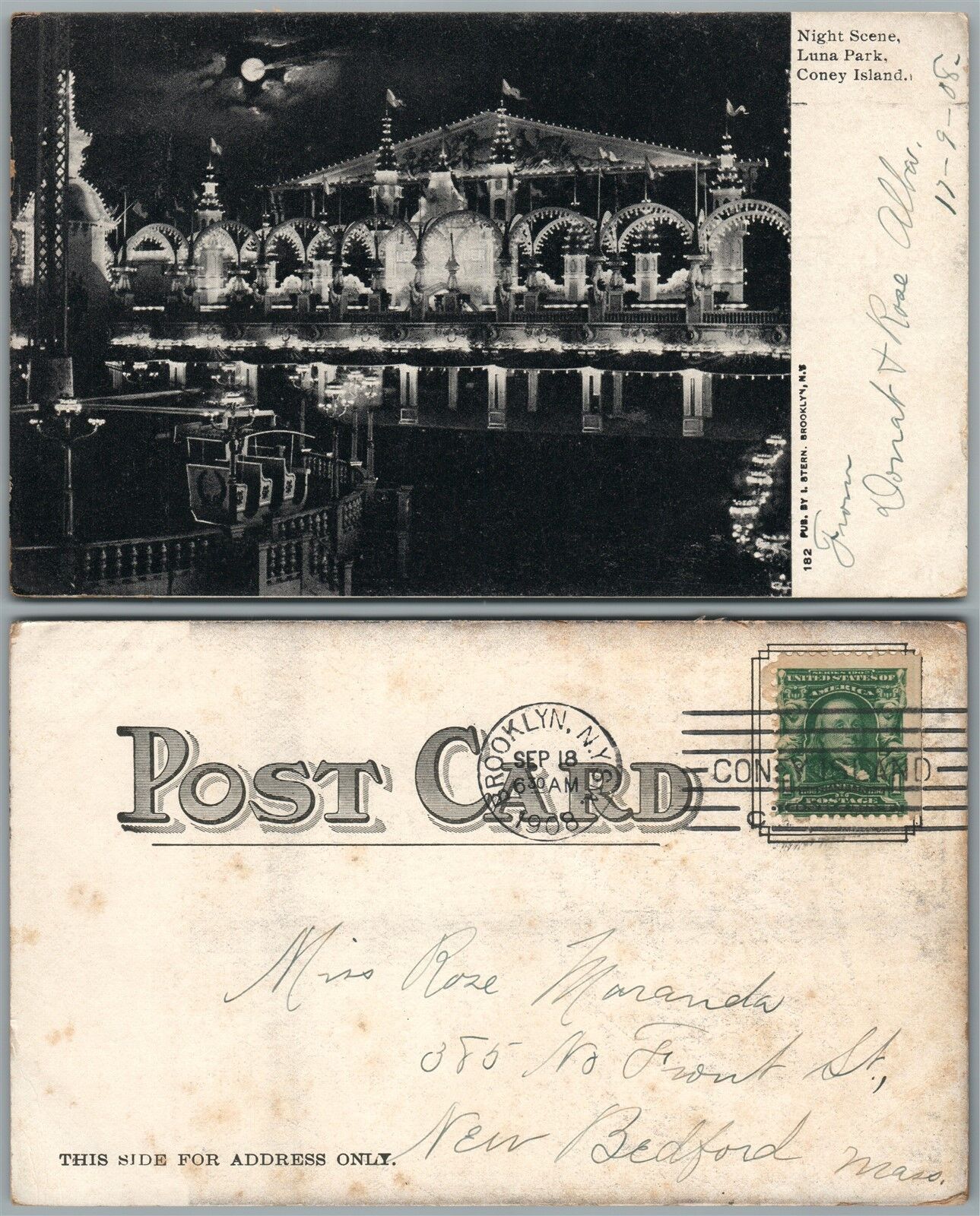 BROOKLYN N.Y. CONEY ISLAND LUNA PARK NIGHT SCENE 1908 UNDIVIDED ANTIQUE POSTCARD