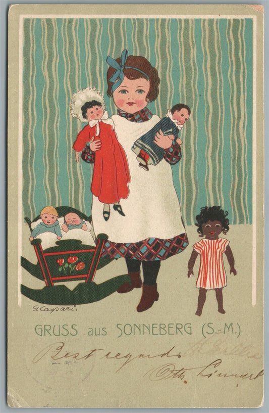 LITTLE GIRL w/ DOLLS ANTIQUE POSTCARD