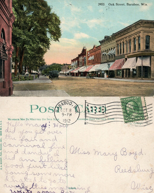 BARABOO WI OAK STREET 1912 ANTIQUE POSTCARD