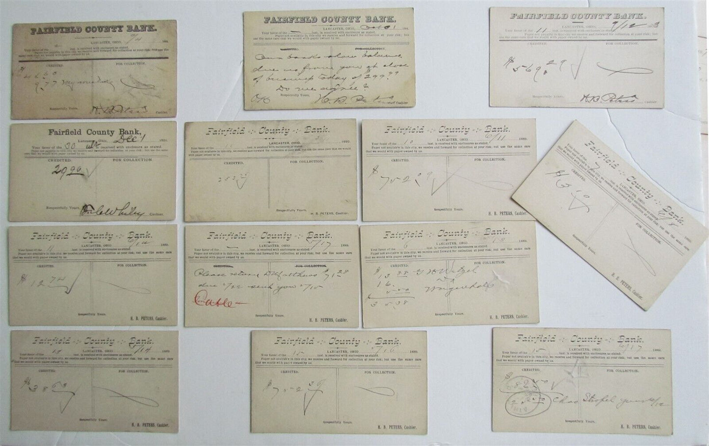 1880s LOT of 13 FAIRFIELD BANK LANCASTER OHIO ANTIQUE STATEMENT CARDS POSTCARDS