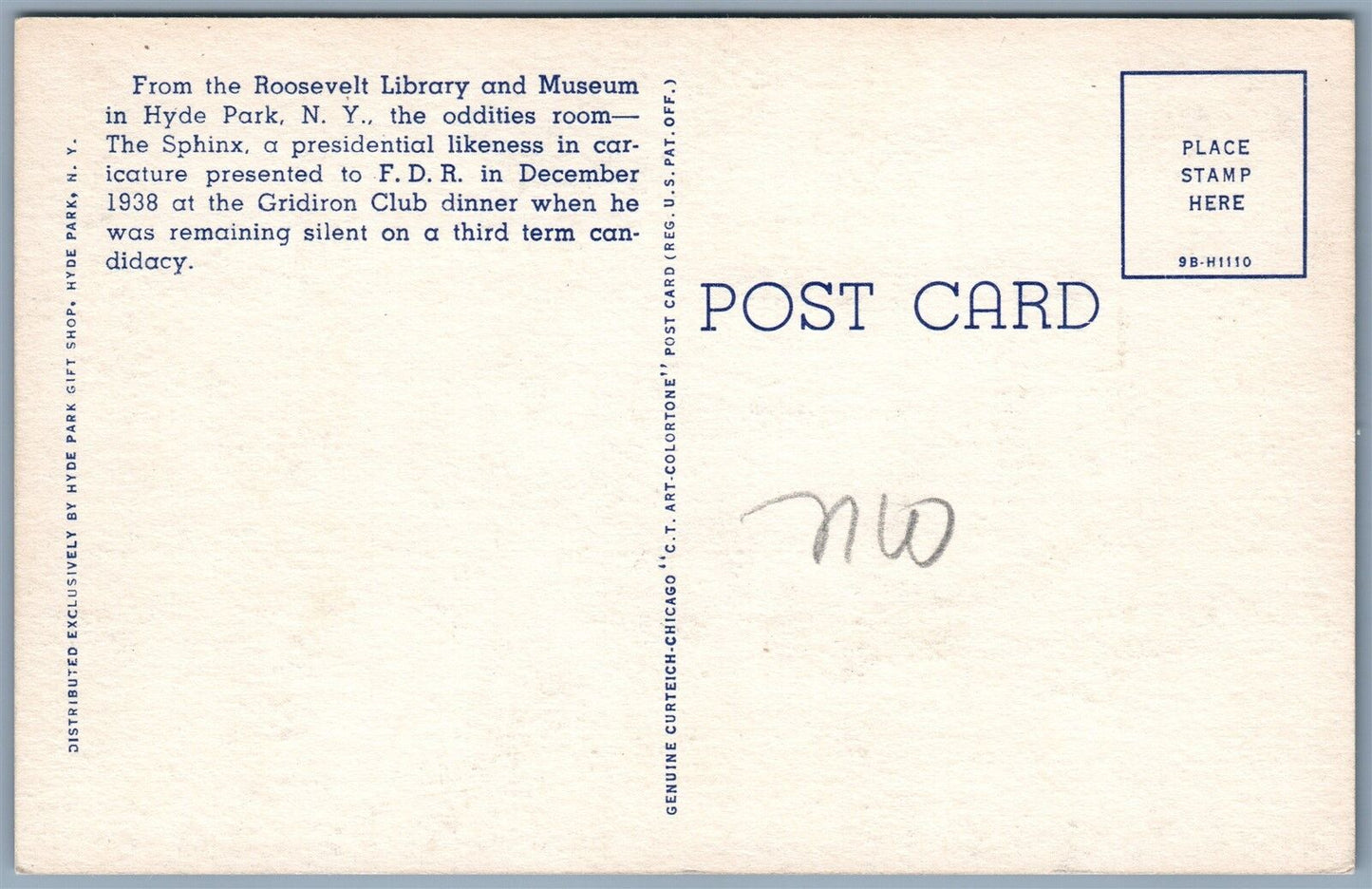 NEW YORK NY SPHINX in ROOSEVELT HYDE PARK MUSEUM VINTAGE POSTCARD