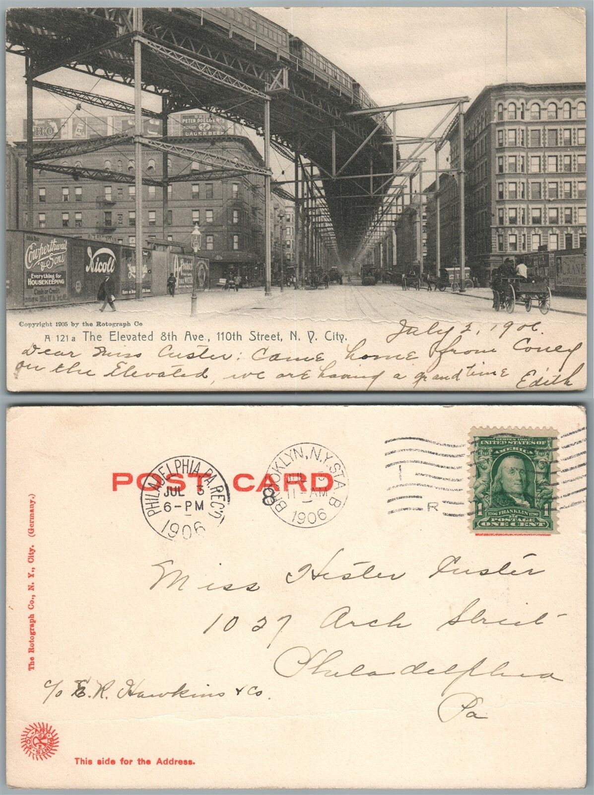 NEW YORK CITY N.Y. ELEVATED 8th AVENUE 110 STREET 1906 ANTIQUE POSTCARD railway