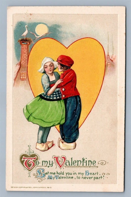 TO MY VALENTINE 1913 ANTIQUE POSTCARD by JOHN WINSCH w/ DUTCH COUPLE