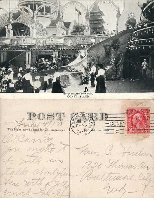 CONEY ISLAND BROOKLYN N.Y. LUNA PARK HELTER SKELTER 1910 ANTIQUE POSTCARD