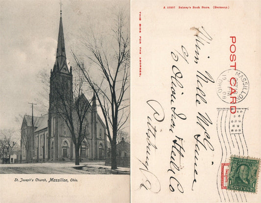 MASSILON OH ST.JOSEPH'S CHURCH 1908 UNDIVIDED ANTIQUE POSTCARD