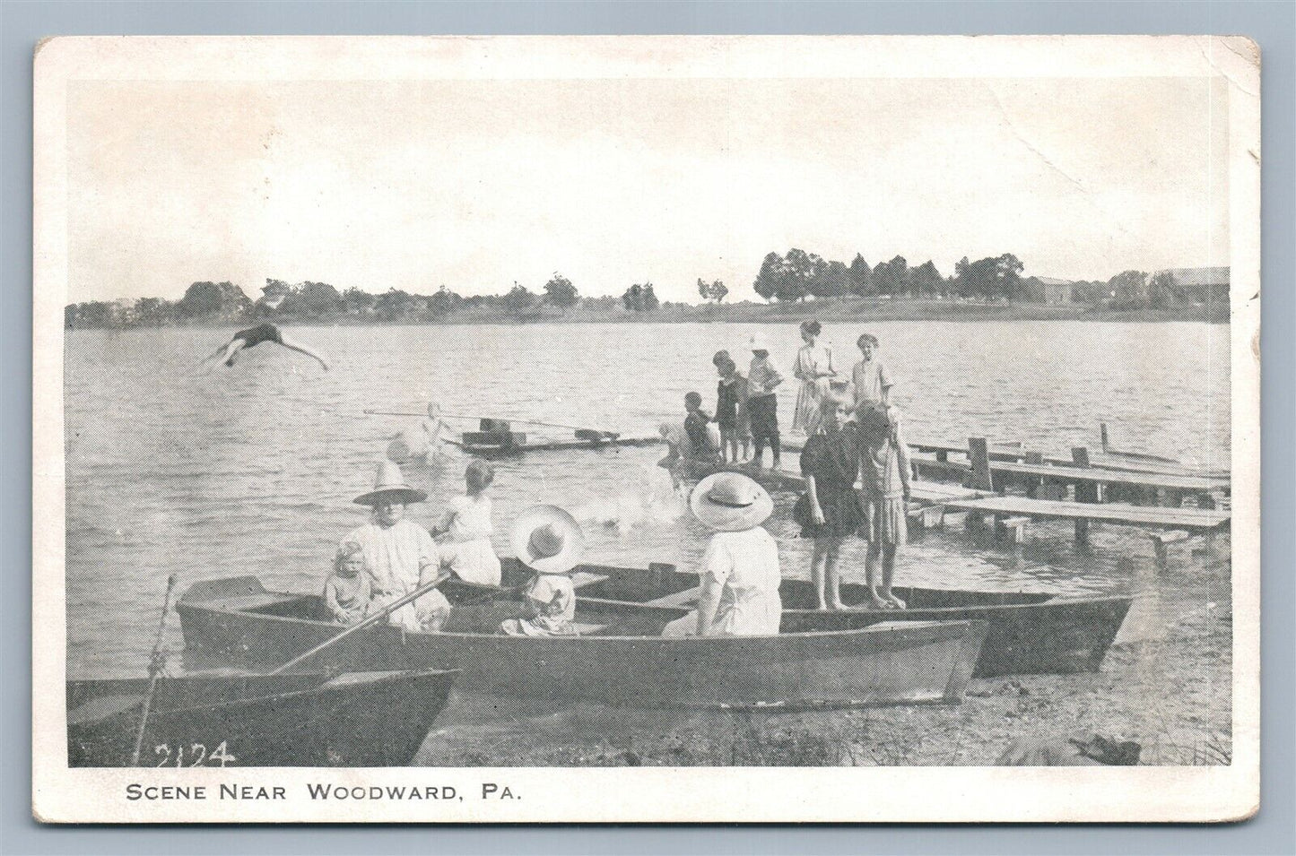 WOODWARD PA BOATING SCENE 1916 ANTIQUE POSTCARD