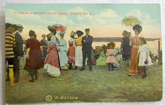TAKING A SUN BATH ON THE STRAND ATLANTIC CITY N.J. ANTIQUE POSTCARD