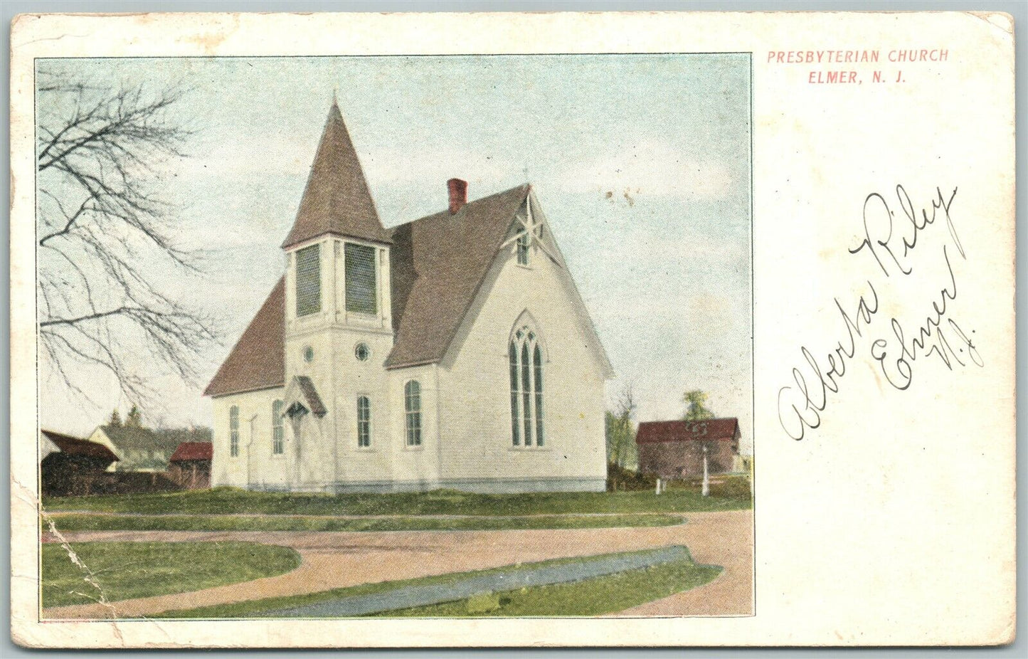ELMER NJ PRESBYTERIAN CHURCH 1905 ANTIQUE POSTCARD w/ CORK CANCEL