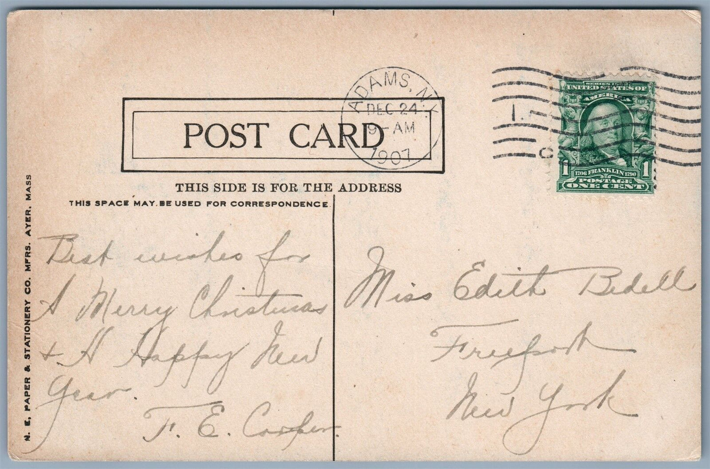JUST LEAVING ADAMS NY train railway railroad 1907 ANTIQUE POSTCARD
