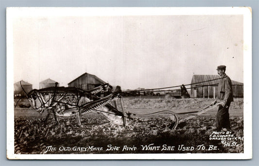 EXAGGERATED GRASSHOPER FARMING VINTAGE REAL PHOTO POSTCARD RPPC GARDEN CITY KS