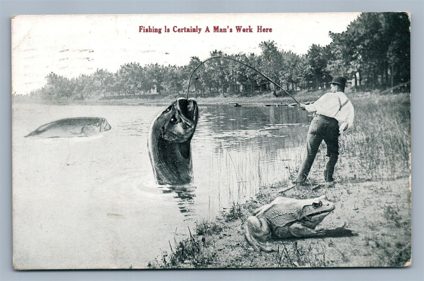 EXAGGERATED FISHING w/ FROG ANTIQUE POSTCARD