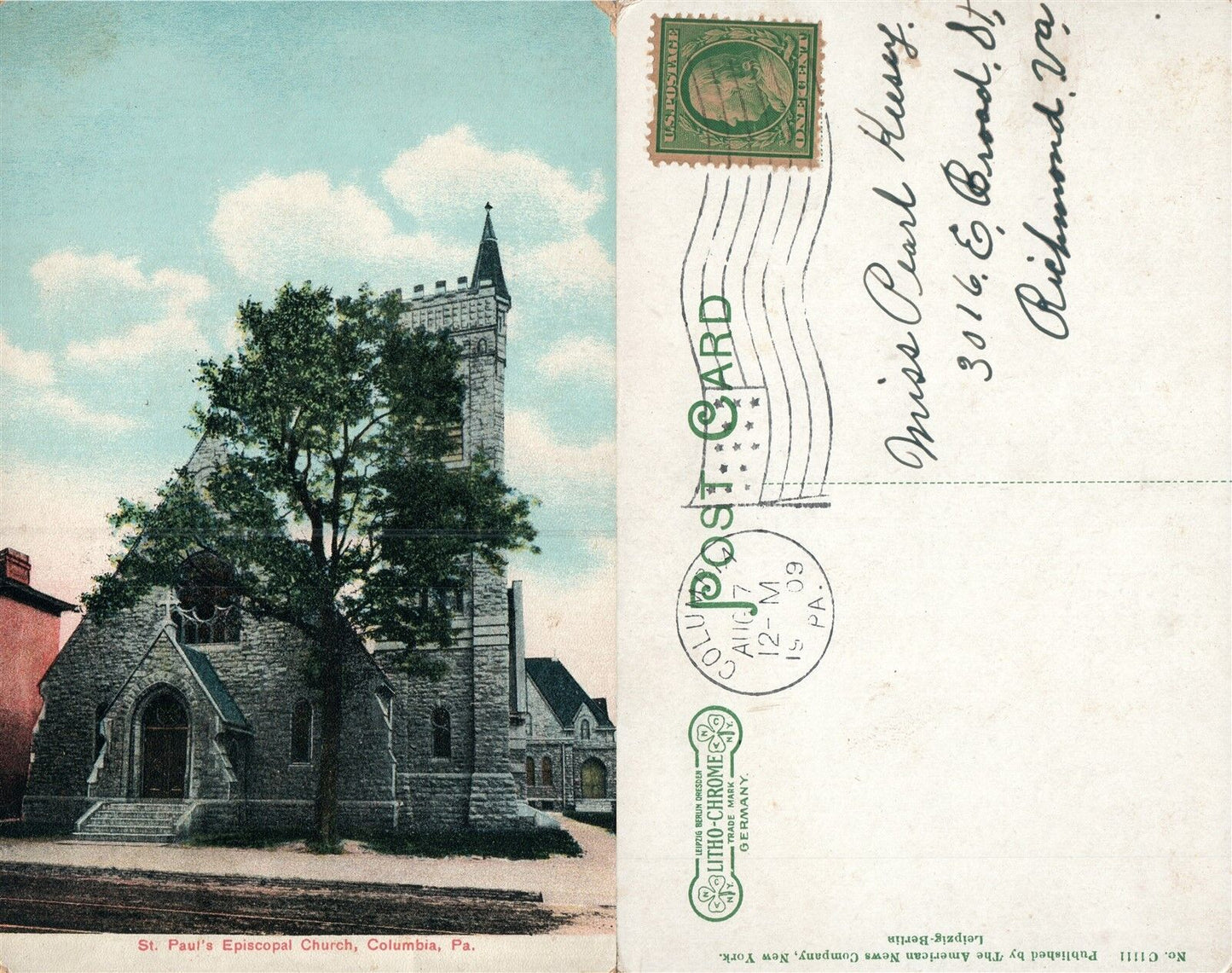 COLUMBIA PA ST.PAUL'S EPISCOPAL CHURCH 1909 ANTIQUE POSTCARD