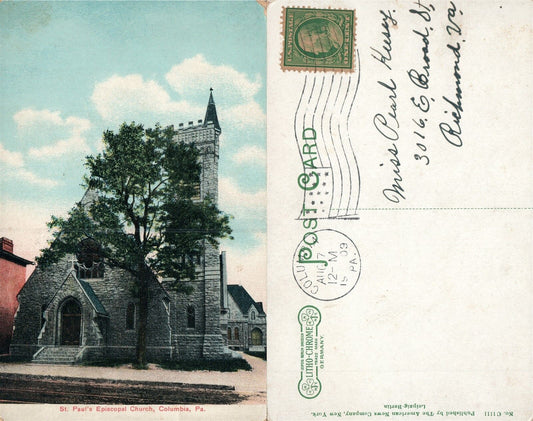COLUMBIA PA ST.PAUL'S EPISCOPAL CHURCH 1909 ANTIQUE POSTCARD