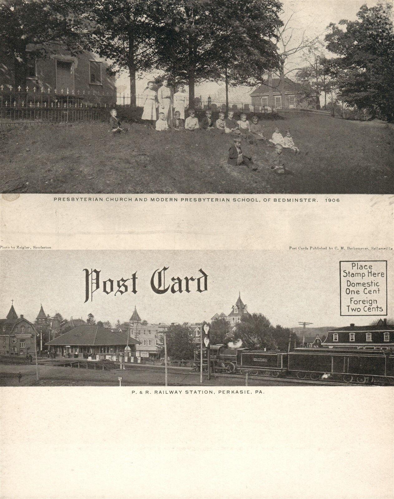 PERKASIE PA RAILROAD STATION & BEDMINSTER SCHOOL ANTIQUE POSTCARD railway depot