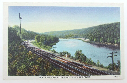 VINTAGE POSTCARD ERIE MAIN LINE ALONG DELAWARE RIVER railroad railway train