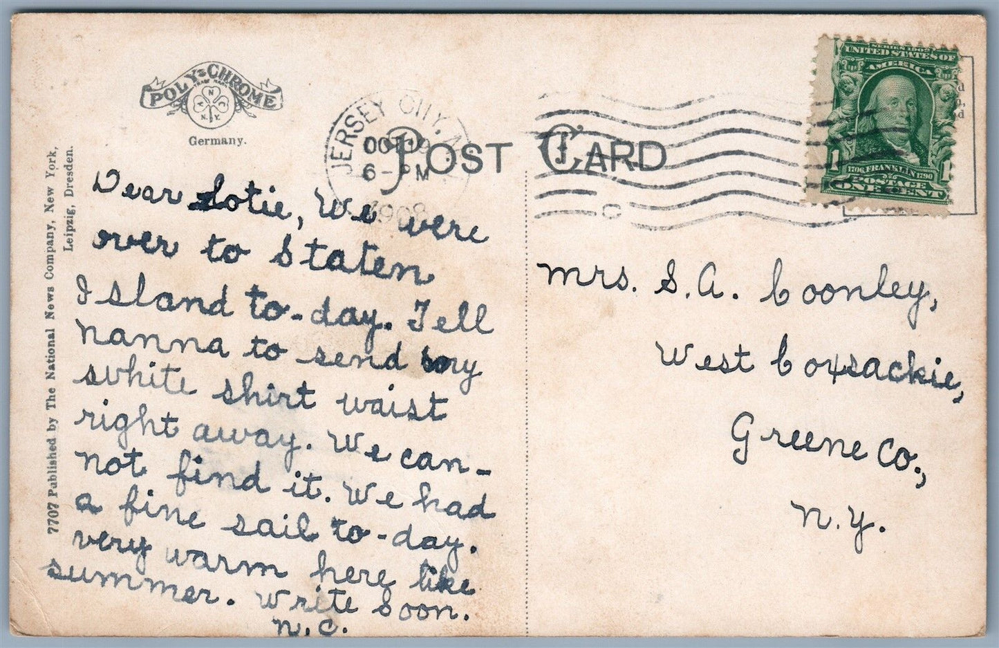 STATEN ISLAND NY STUYVESANT PLACE ST.GEIRGE 1908 ANTIQUE POSTCARD