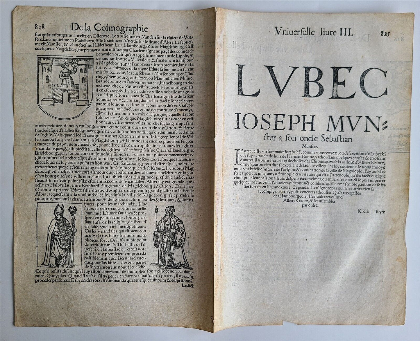 1575 LUBECK GERMANY view LEAF - BELLEFOREST ED. of MUNSTER COSMOGRAPHY antique