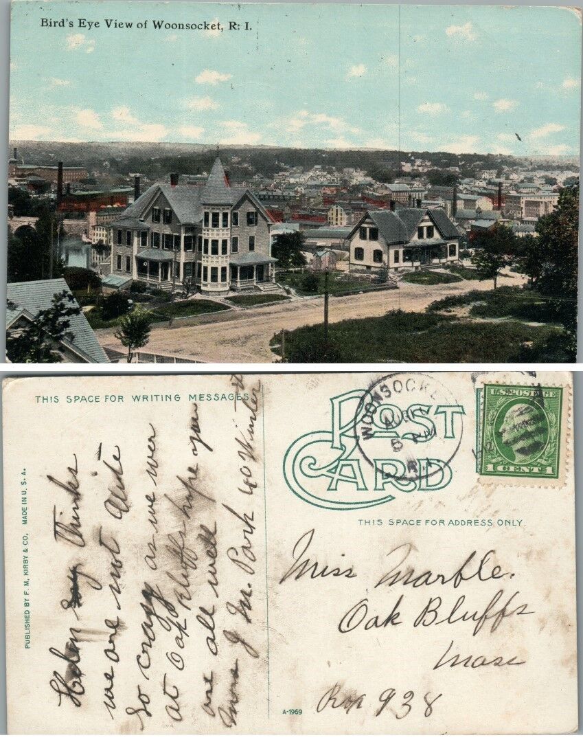 BIRD'S EYE VIEW OF WOONSOCKET R.I. ANTIQUE POSTCARD