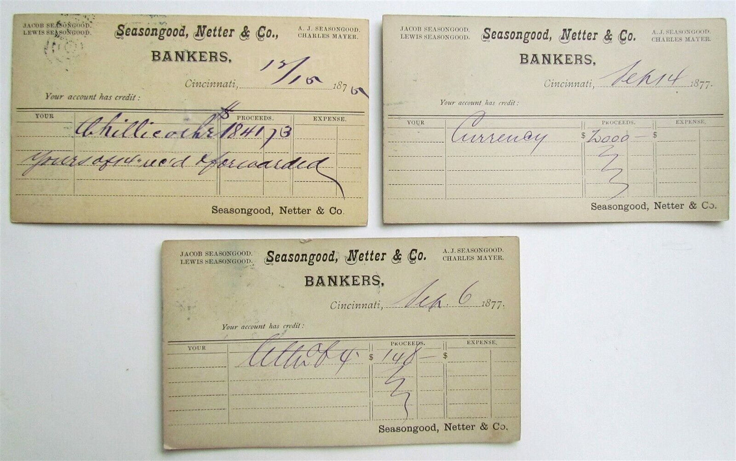 1877 LOT of 3 CINCINNATI OHIO BANKERS ANTIQUE STATEMENT CARDS POSTCARDS