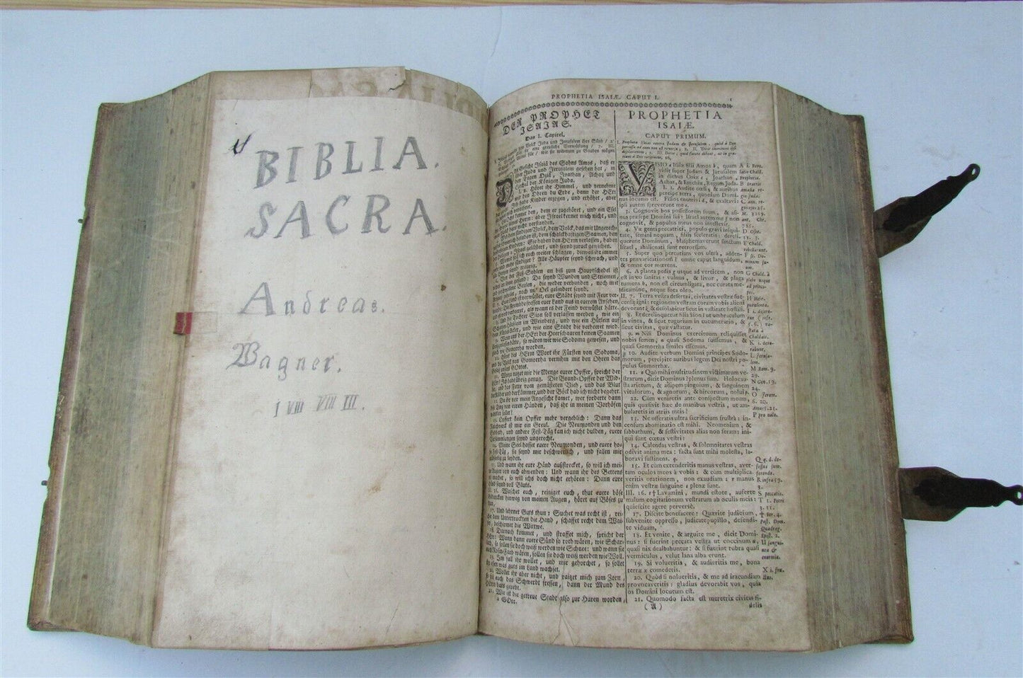 1737 LATIN GERMAN BIBLE AMAZING PIGSKIN BINDING MASSIVE FOLIO antique BIBLIA