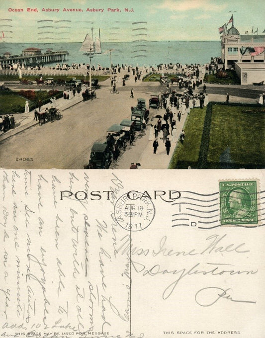 ASBURY PARK N.J. ASBURY AVENUE OCEAN END 1911 ANTIQUE POSTCARD