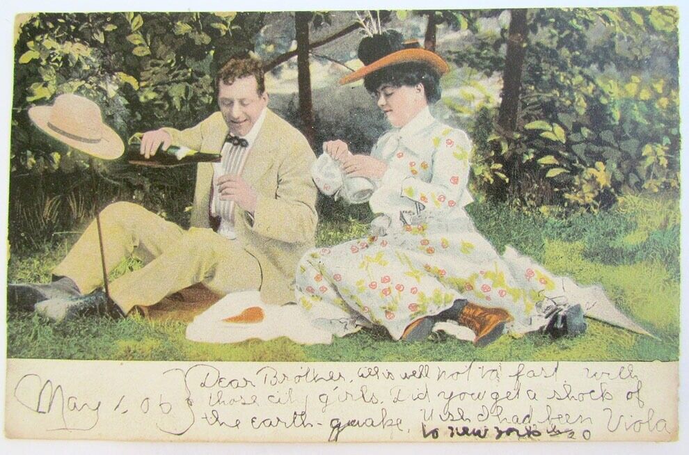 1906 ANTIQUE ROMANTIC POSTCARD - PICNIC COUPLE