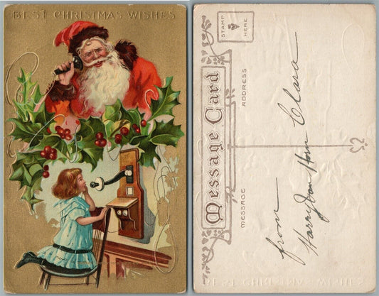 MERRY CHRISTMAS SANTA TALKING TO GIRL BY PHONE ANTIQUE EMBOSSED POSTCARD