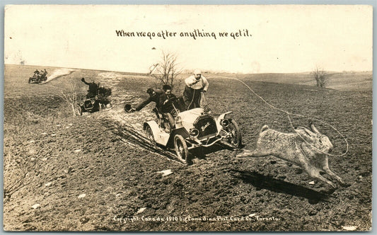 CARS CHASING RABBIT EXAGGERATED ANTIQUE REAL PHOTO POSTCARD RPPC