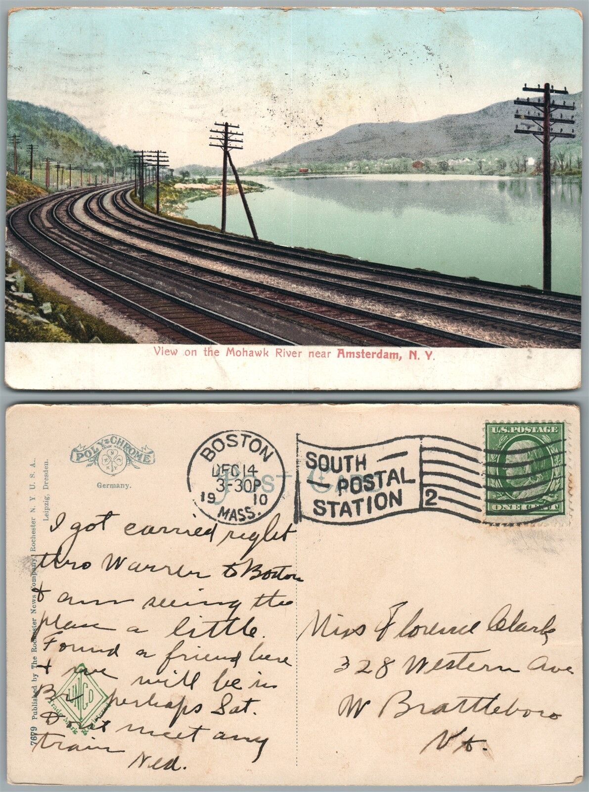 AMSTERDAM N.Y. VIEW ON MOHAWK RIVER 1910 ANTIQUE POSTCARD railroad railway